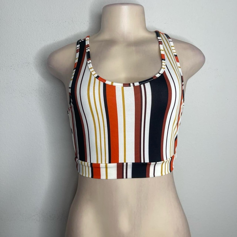 Striped Crop Tank Top in White, Black, Orange & Brown